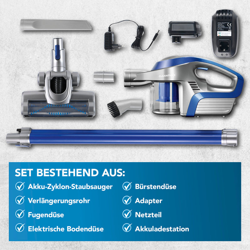 CLEANmaxx Akku-Zyklonstaubsauger, kabellos mit Verlängerungsrohr, Bürstendüse, Fugendüse, Bodendüse, Akku und Ladestation.