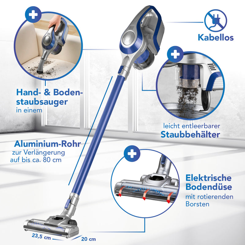 CLEANmaxx Akku-Zyklonstaubsauger kabellos 2in1 Hand- & Bodensauger mit Aluminium-Rohr, leicht entleerbarem Staubbehälter und elektrischer Bodendüse.
