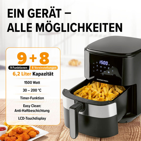 GOURMETmaxx Heißluftfritteuse, 6,2 l - Timer, 8 Programme, 9 Funktionen - 1500 W