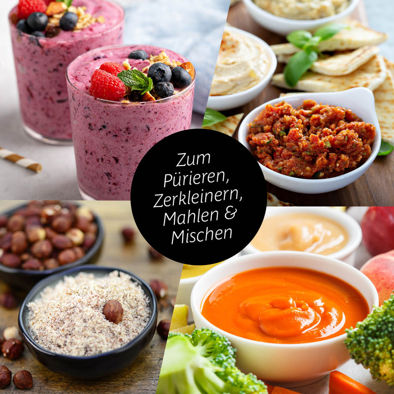 GOURMETmaxx Nutrition Mixer - 4-tlg. zeigt cremige Smoothies, Pürees, Nussmischungen und Dips – vielseitig pürieren und zerkleinern.