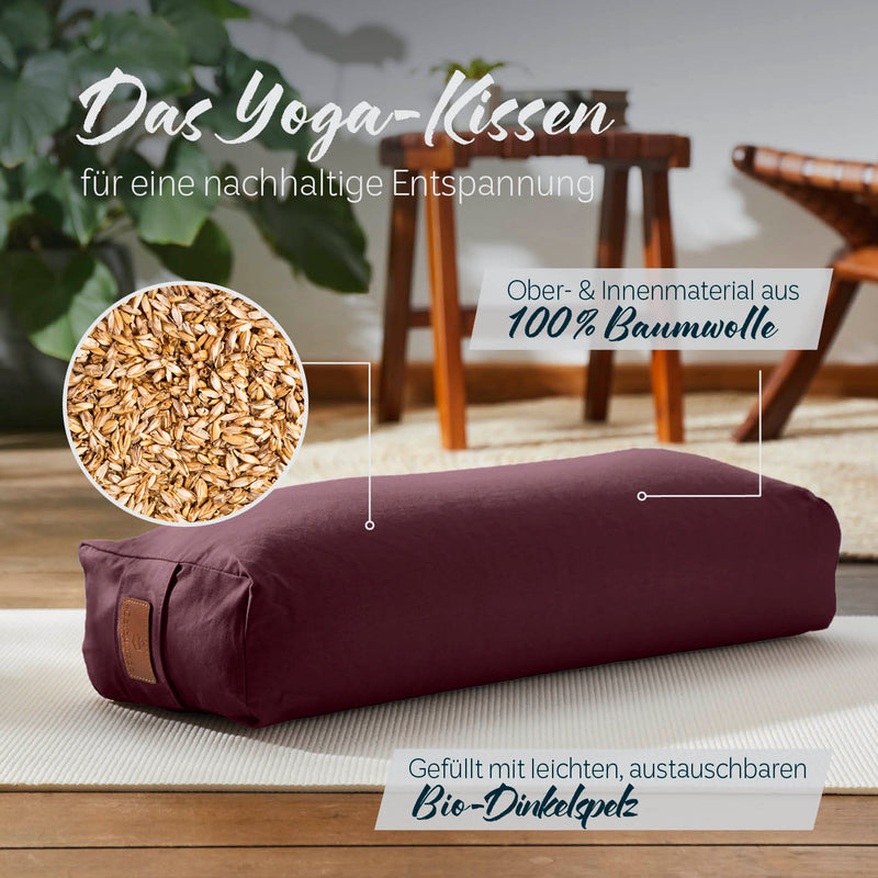 #DoYourYoga Yoga-Bolster Paravati - gefüllt mit Bio-Dinkelspelz - 67 x 22 x 13 cm - Bordeaux