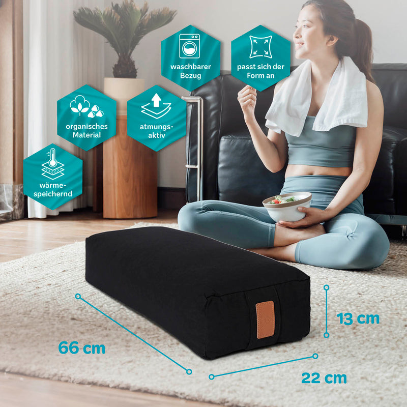 #DoYourYoga Yoga-Bolster Paravati - gefüllt mit Bio-Dinkelspelz - 67 x 22 x 13 cm - Schwarz