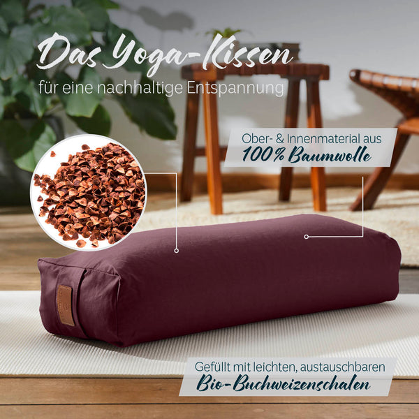 #DoYourYoga Yoga-Bolster Paravati - gefüllt mit Bio-Buchweizenschalen - 67 x 22 x 13 cm - Bordeaux