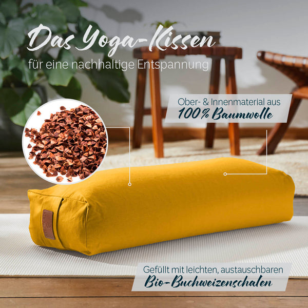 #DoYourYoga Yoga-Bolster Paravati - gefüllt mit Bio-Buchweizenschalen - 67 x 22 x 13 cm - Indischgelb