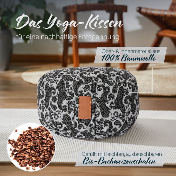 #DoYourYoga  Yoga-Kissen Vishnu - gefüllt mit Bio-Buchweizenschalen - Rund 30 x 30 x 15 cm - Style 3 (Weiß-Schwarz)