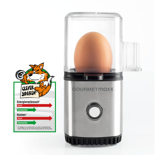 GOURMETmaxx Eierkocher für 1 Ei aus Edelstahl/schwarz mit integriertem Ei-Pick und einfachem Bedienknopf.
