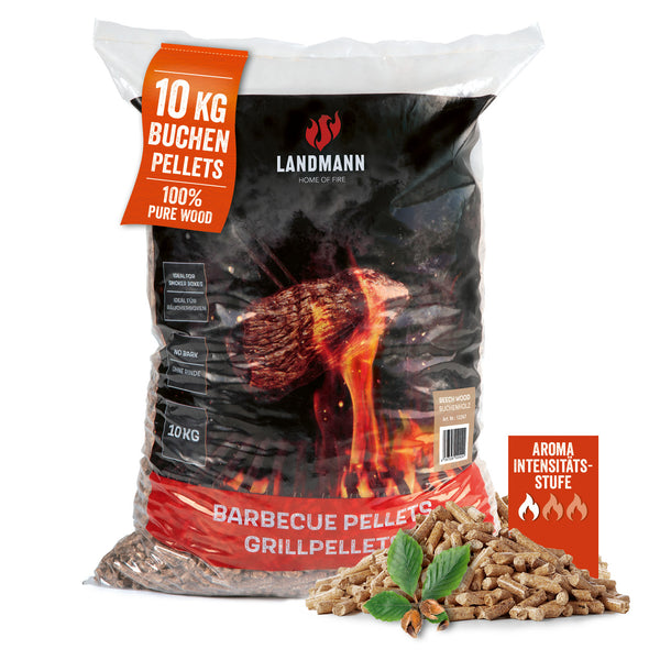 LANDMANN Grillpellets Buchenholz 10 kg, aromatische Holzkohlepellets für vielseitiges Grillen und Räuchern ohne Zusatzstoffe.