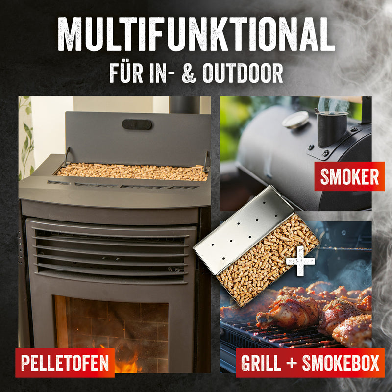 LANDMANN Grillpellets Buchenholz 10 kg in Pelletofen, Smoker und Grill mit Smokebox für aromatischen Geschmack und vielseitige Nutzung.
