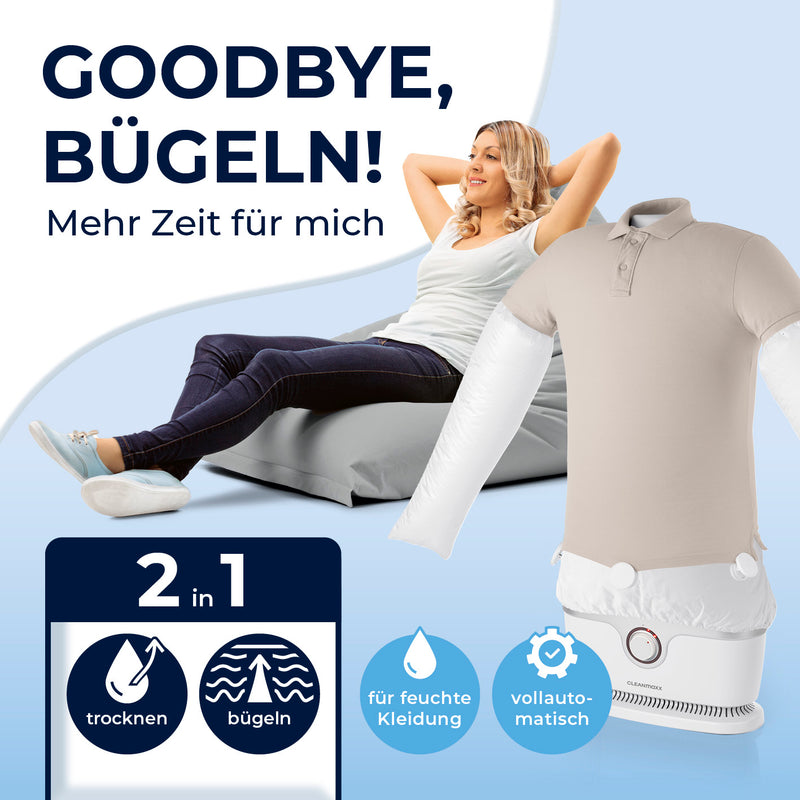 CLEANmaxx Hemdenbügler PRO mit Hosenaufsatz trocknet und bügelt vollautomatisch feuchte Kleidung schnell und schonend.
