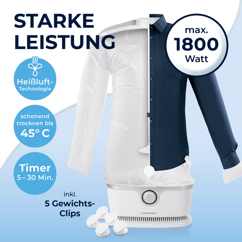 CLEANmaxx Hemdenbügler PRO mit Hosenaufsatz vollautomatisch trocknet und bügelt bis 45°C max. 1800 Watt Timer 5-30 Min.