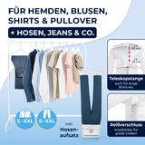 CLEANmaxx Hemdenbügler PRO mit Hosenaufsatz zeigt Teleskopstange und Reißverschluss für Hemden, Blusen, Hosen S-XXL.