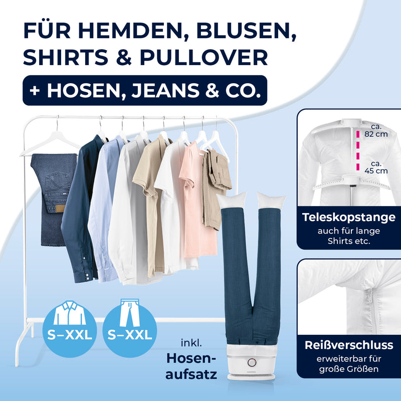 CLEANmaxx Hemdenbügler PRO mit Hosenaufsatz zeigt Teleskopstange und Reißverschluss für Hemden, Blusen, Hosen S-XXL.