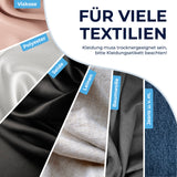 CLEANmaxx Hemdenbügler PRO mit Hosenaufsatz zeigt verschiedene Textilien wie Viskose, Polyester, Seide, Leinen, Baumwolle und Jeans.