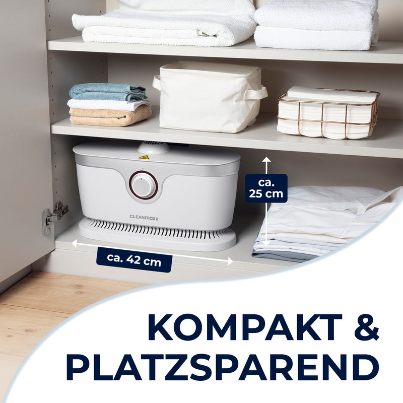 CLEANmaxx Hemdenbügler PRO mit Hosenaufsatz – kompakt, platzsparend, 42x25 cm, vollautomatisch trocknet und bügelt Kleidung.