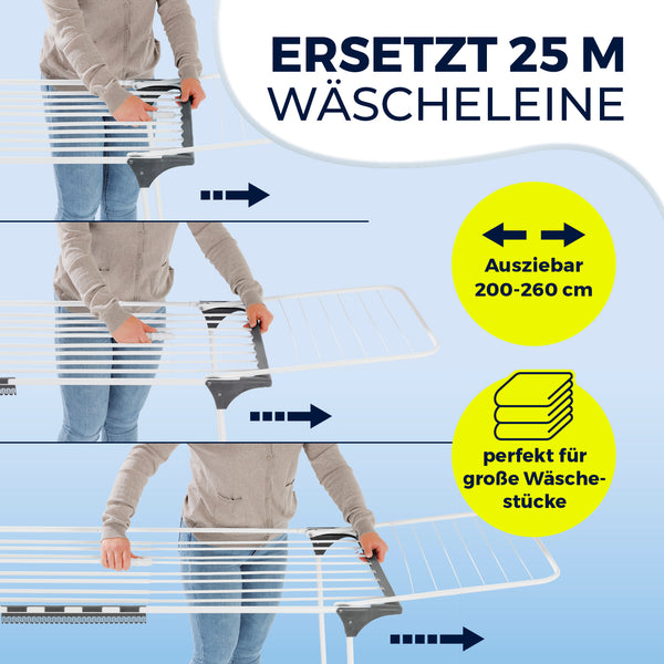 EASYmaxx Falt-Wäscheständer 2500 mit 25m Trockenlänge, ausziehbar 200-260cm, ideal für große Wäschestücke und platzsparend klappbar.