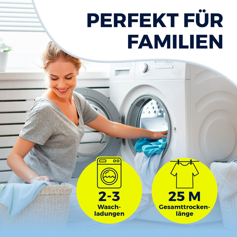 EASYmaxx Falt-Wäscheständer 2500 mit 25m Trockenlänge, rollbar und ausziehbar, ideal für 2–3 Waschladingen in Familien.