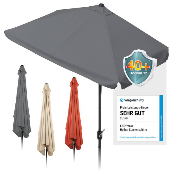 EASYmaxx Sonnenschirm mit UV-Schutz rechteckig 230x140 cm grau, Handkurbel, ideal für kleine Balkone und Terrassen.