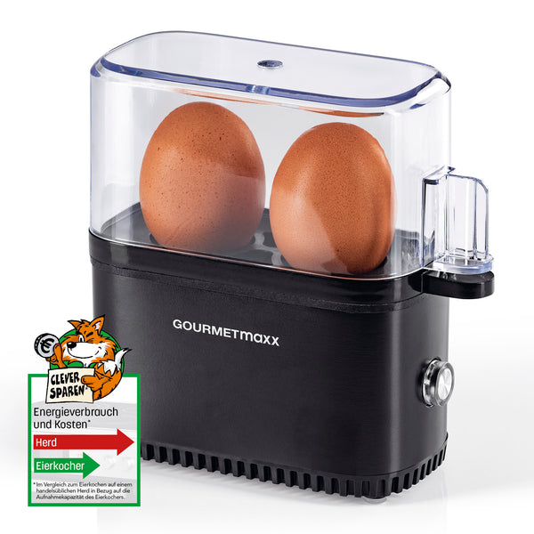 GOURMETmaxx Eierkocher Kompakt 2.0 schwarz matt, für 2 Eier, inkl. Messbecher und Ei-Pick für schonendes Kochen.