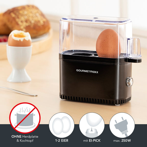 GOURMETmaxx Eierkocher Kompakt 2.0 schwarz matt für 1-2 Eier mit El-Pick und Messbecher, einfache Bedienung, kompakt und leistungsstark.