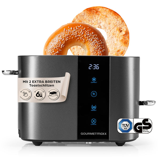 GOURMETmaxx Toaster, 2 Scheiben mit Touchscreen, 6 Bräunungsgraden und Brötchenaufsatz, extra breite Toastschlitze.