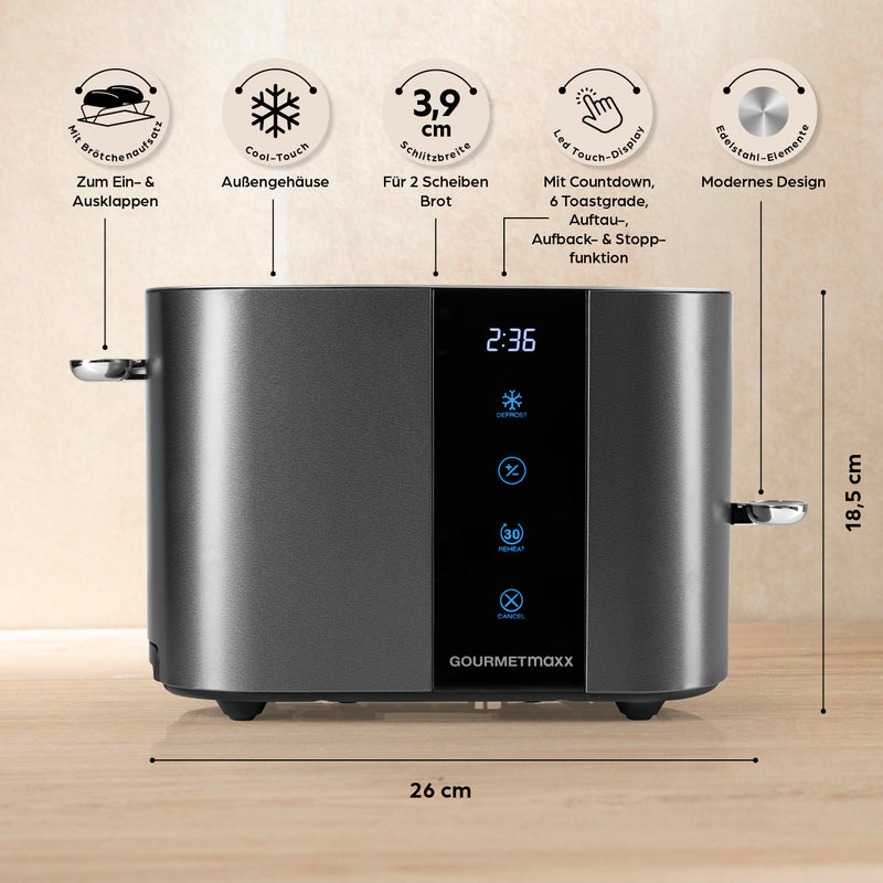 GOURMETmaxx Toaster, 2 Scheiben - 6 Bräunungsgrade, Touchscreen, Brötchenaufsatz