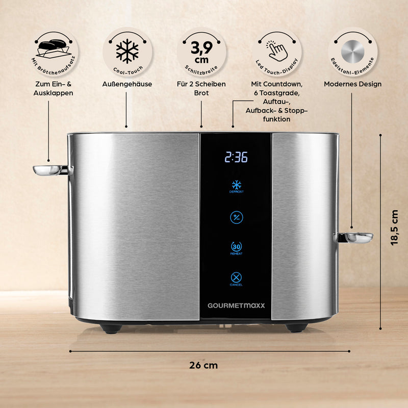 GOURMETmaxx Toaster, 2 Scheiben - 6 Bräunungsgrade, Touchscreen, Brötchenaufsatz