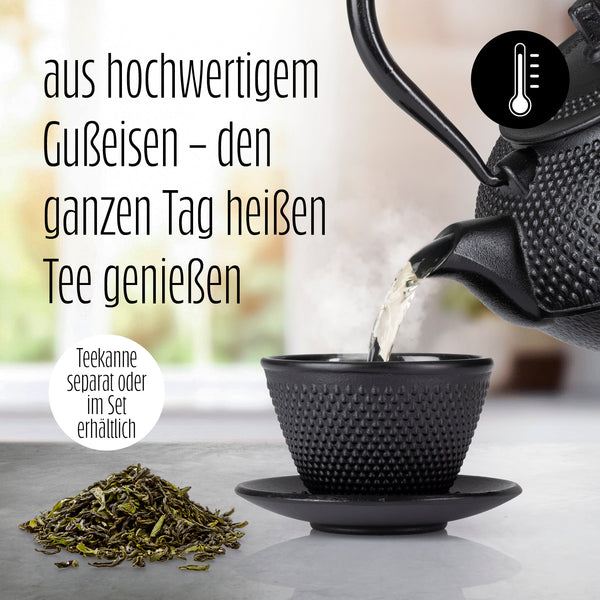 LUMALAND Tee Tassen Set 4-teilig - Schwarz aus hochwertigem Gusseisen für langanhaltenden, reinen Tee-Genuss nach asiatischer Tradition.