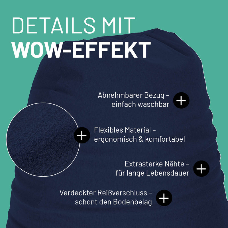 LUMALAND Flexi Comfort Sitzsack Premium Bean Bag Sitzkissen Medium Navyblau mit abnehmbarem Bezug und flexiblem, ergonomischem Material.