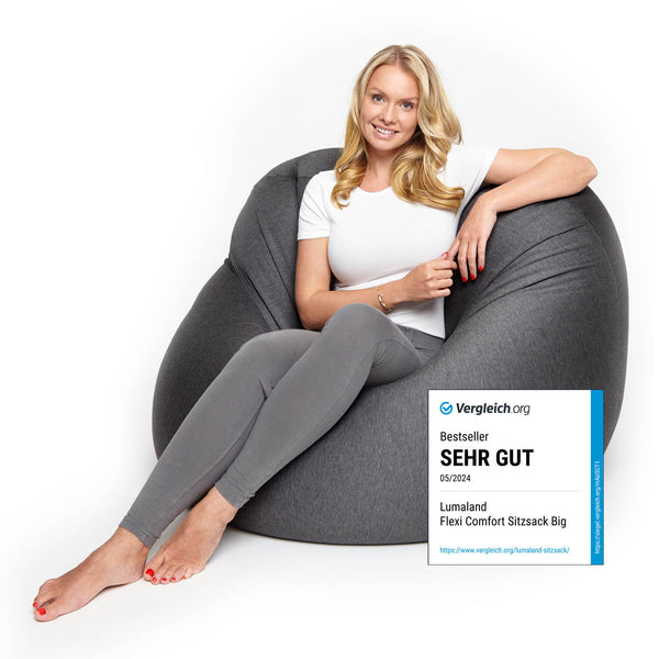 LUMALAND Flexi Comfort Sitzsack in Dunkelgrau mit ergonomischem Design und hohem Komfort, perfekt zum Entspannen und Arbeiten.