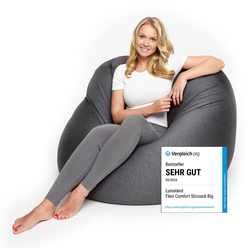 LUMALAND Flexi Comfort Sitzsack in Dunkelgrau mit ergonomischem Design und hohem Komfort, perfekt zum Entspannen und Arbeiten.