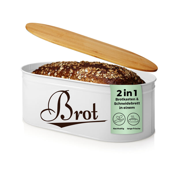 LUMALAND Cuisine Brotkasten aus Metall mit Bambus Deckel, oval, weiß, 36x20x13,8 cm, 2 in 1 Brotkasten und Schneidebrett.