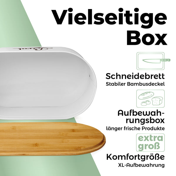 LUMALAND Cuisine Brotkasten aus Metall mit Bambusdeckel, oval 36x20x13,8 cm, weiß, multifunktional mit Schneidebrett und Aufbewahrungsbox.