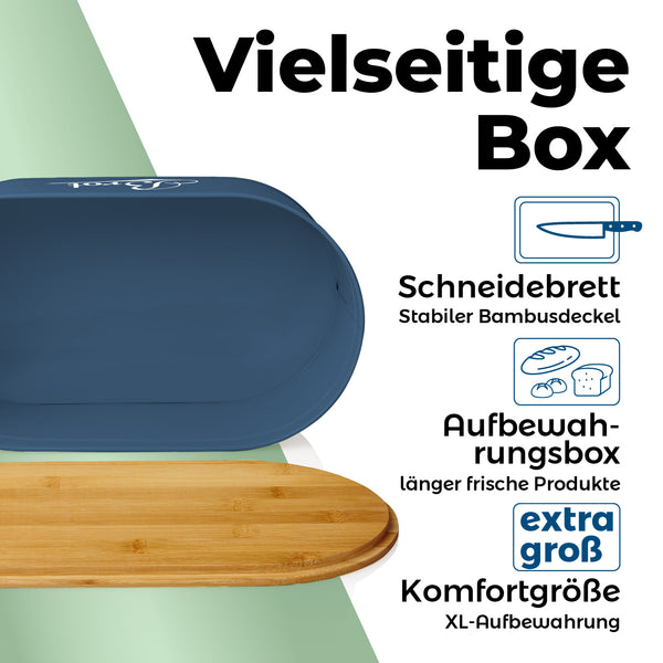 LUMALAND Cuisine Brotkasten aus Metall mit Bambus Deckel - Oval 36 x 20 x 13,8 cm - Blau