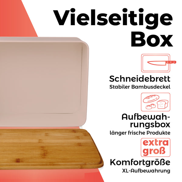LUMALAND Cuisine Brotkasten aus Metall mit Bambus Deckel - Rechteckig 30,5 x 23,5 x 14 cm - Altrosa