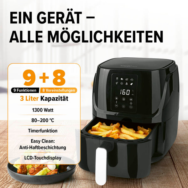 MAXXMEE Heißluft-Fritteuse Digital -  3 Liter Fassungsvermögen - schwarz