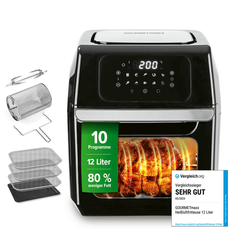 GOURMETmaxx Heißluftfritteuse 12 l - XXL-Ofen + Touchdisplay, Drehspieß - 1800 W - Schwarz