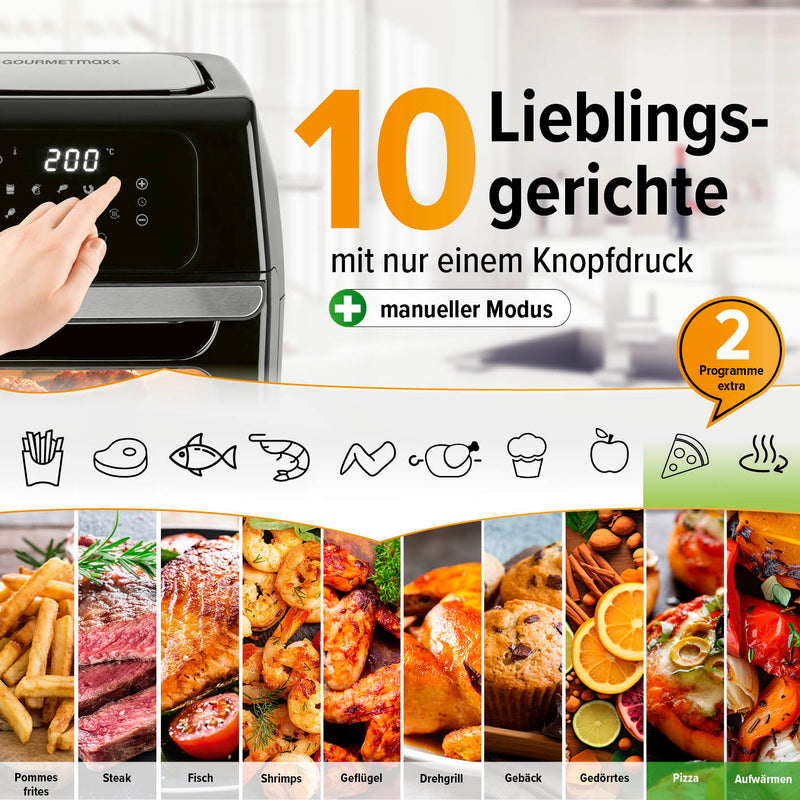 GOURMETmaxx Heißluftfritteuse 12 l - XXL-Ofen + Touchdisplay, Drehspieß - 1800 W - Schwarz