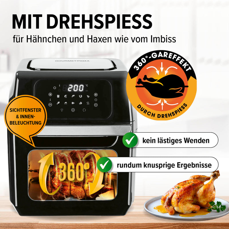 GOURMETmaxx Heißluftfritteuse 12 l - XXL-Ofen + Touchdisplay, Drehspieß - 1800 W - Schwarz