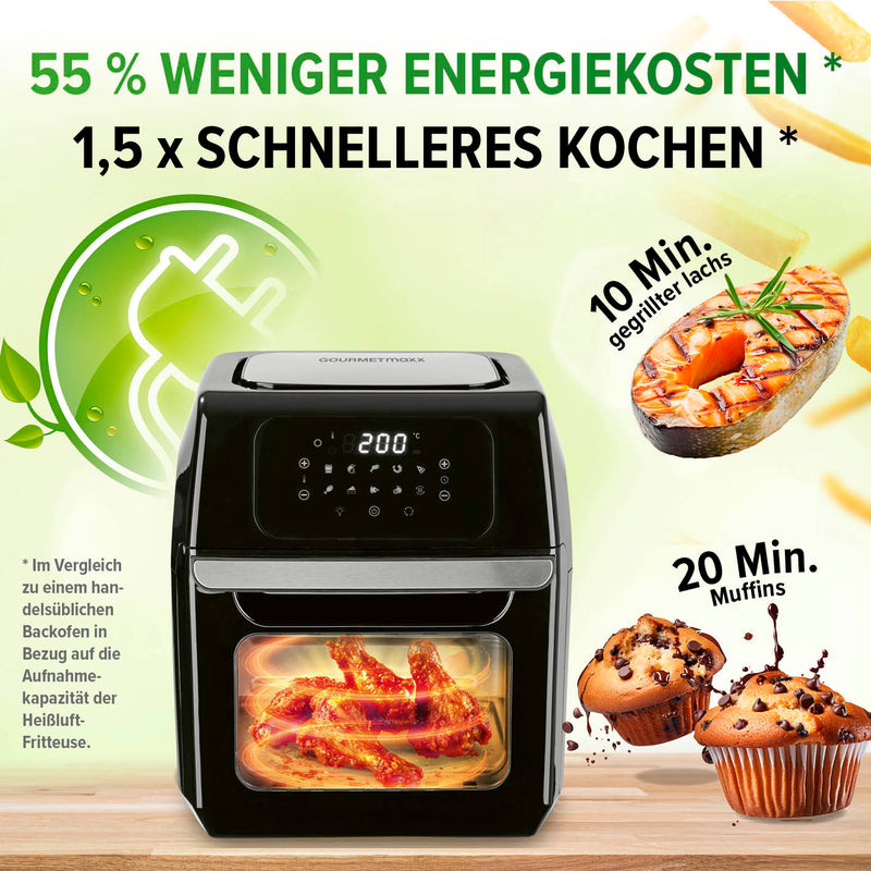 GOURMETmaxx Heißluftfritteuse 12 l - XXL-Ofen + Touchdisplay, Drehspieß - 1800 W - Schwarz