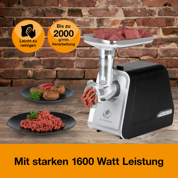 Kochwerk Fleischwolf 4in1 silber/schwarz mit 1600 Watt Leistung, inklusive Zubehör, leicht zu reinigen, bis 2000 g/min Verarbeitung.
