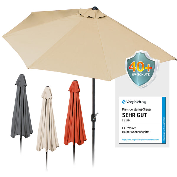 EASYmaxx Sonnenschirm mit UV-Schutz halbrund 270x140 cm beige, handkurbel, wandmontage, ideal für Balkon und Terrasse.