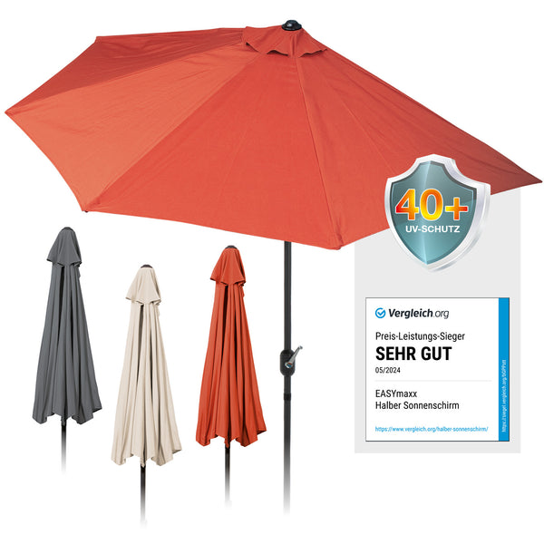 EASYmaxx Sonnenschirm mit UV-Schutz halbrund 270x140 cm in Terracotta, rechteckig, wandnah, mit Handkurbel für Balkon oder Terrasse.