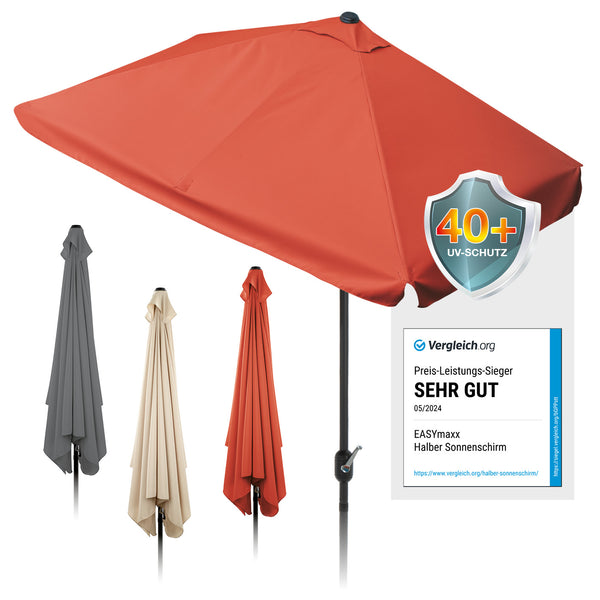 EASYmaxx Sonnenschirm mit UV-Schutz - Halbrund 230 x 140cm - Terracotta, rechteckig, mit Handkurbel, ideal für Balkon oder Terrasse.