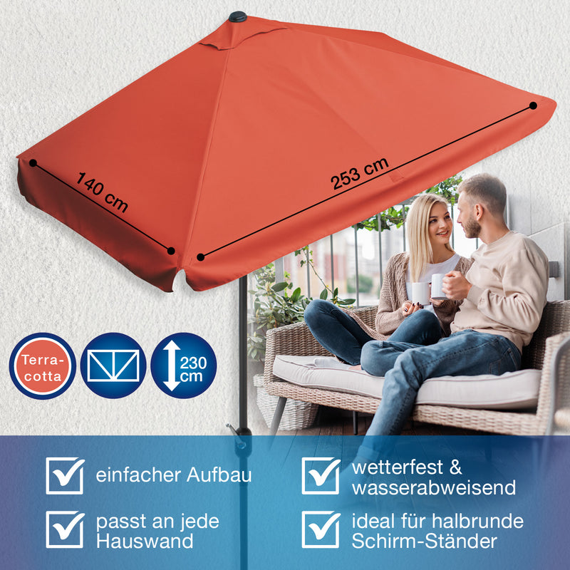 EASYmaxx Sonnenschirm mit UV-Schutz Halbrund 230 x 140cm Terracotta für kleine Balkone, handkurbel, wetterfest und wasserabweisend.