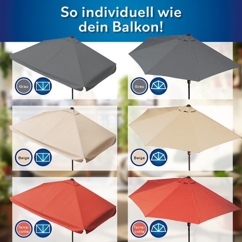 EASYmaxx Sonnenschirm mit UV-Schutz halbrund 230x140cm Terracotta, rechteckig, ideal für kleine Balkone und Terrassen, mit Handkurbel.