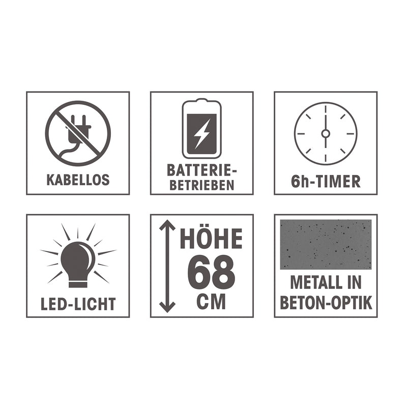 EASYmaxx LED-Dekosäule mit Pflanzschale, kabellos, batteriebetrieben, 6h-Timer, warmweißes LED-Licht, 68 cm hoch, Metall in Beton-Optik grau.