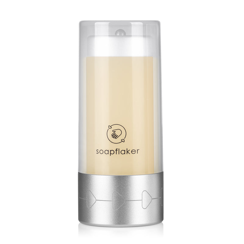 soapflaker Seifenspender für feste Handseife in Silber mit Aloe-Vera Seifenstück für hygienisches Portionieren.