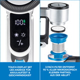 CLEANmaxx Akku-Zyklon-Staubsauger Digital-Display in anthrazit/silber/blau mit Touch-Display und 3-fach-Filter für feine Partikel.