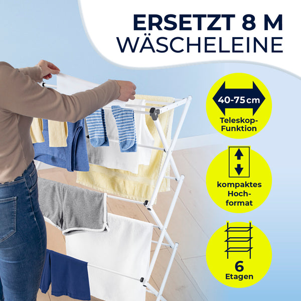 Eine Person hängt Wäsche am EASYmaxx Teleskop-Wäscheständer 800 auf, der mit 8m Trockenlänge, 40–75cm Teleskopfunktion, platzsparendem Design und 6 Trockenebenen in deutscher Beschriftung präsentiert wird.