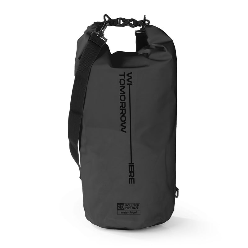 Where Tomorrow Dry Bag 20L - Style 02 - Schwarz, wasserfester, robuster Outdoor-Rucksack mit Rolltop-Verschluss und verstellbarem Schultergurt.